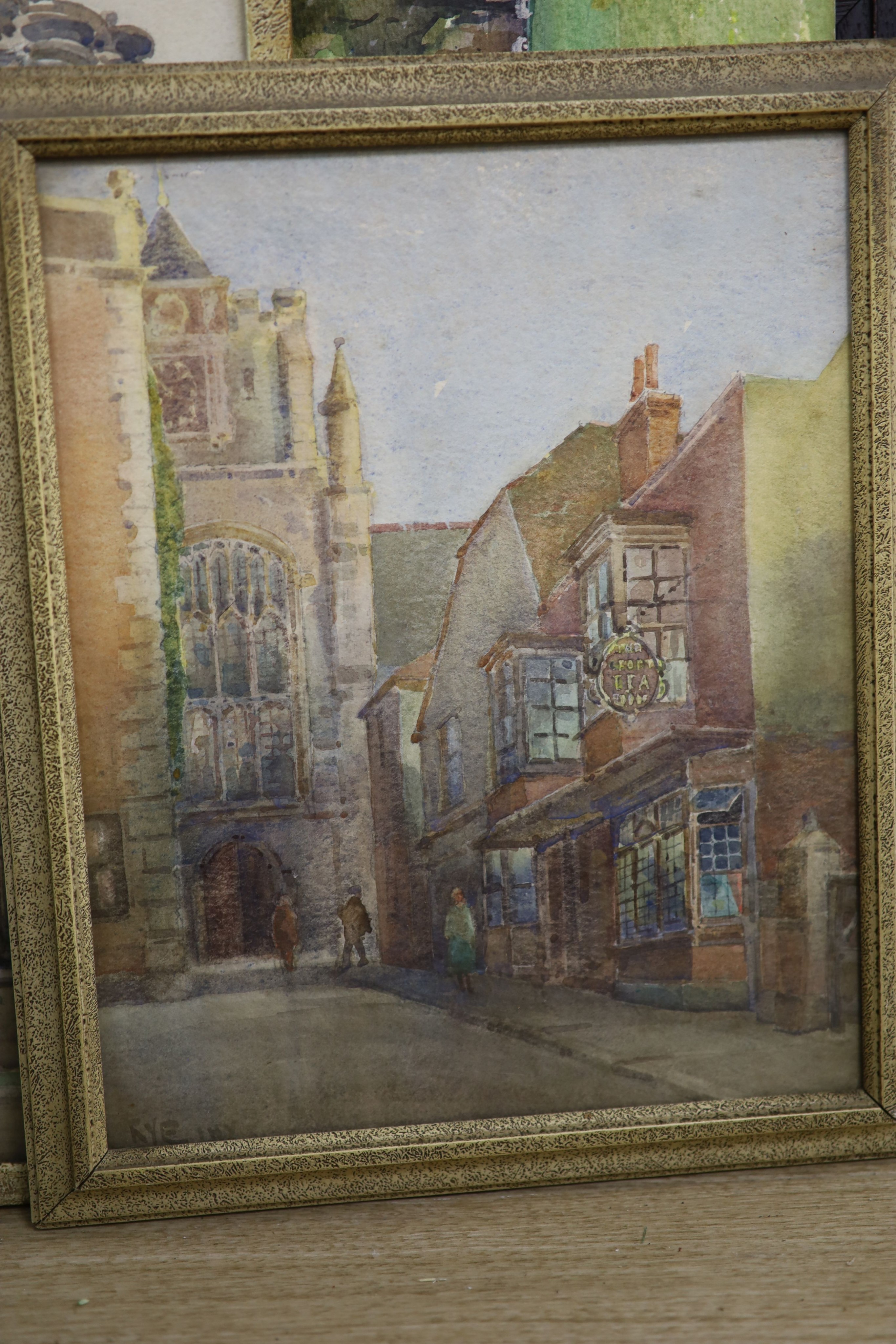 J.H. Young, pastel, View of an Italian town, signed, 34 x 39cm, together with seven other assorted works by the same hand